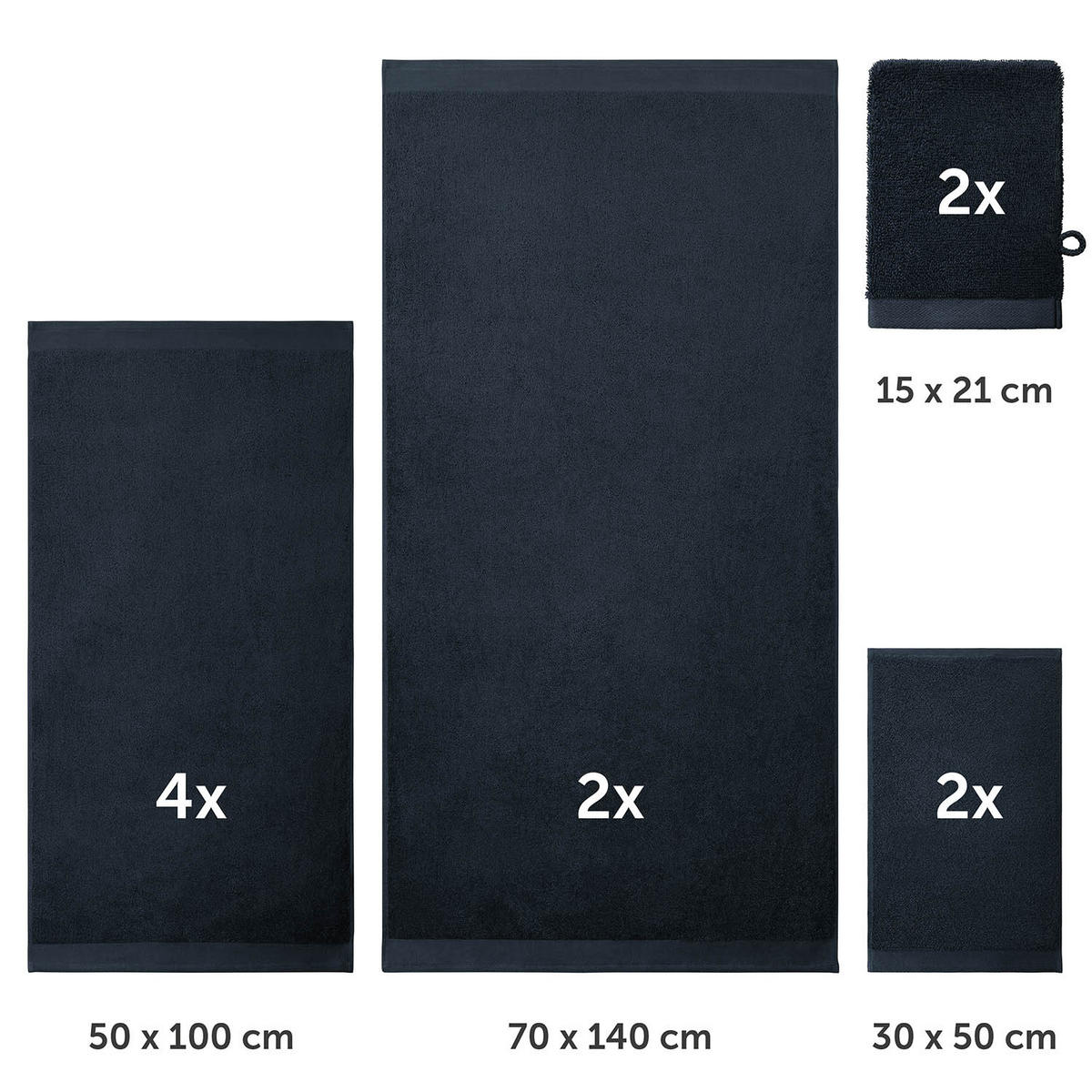 HANDTUCH 8-teilig, 2x Badetuch 70/140 + 4x Handtuch 50/100 + 2x Gästetuch 30/30 + 2x Waschlappen 15/20 cm, Dunkelblau - Dunkelblau, Textil (70/140cm) - Blumtal
