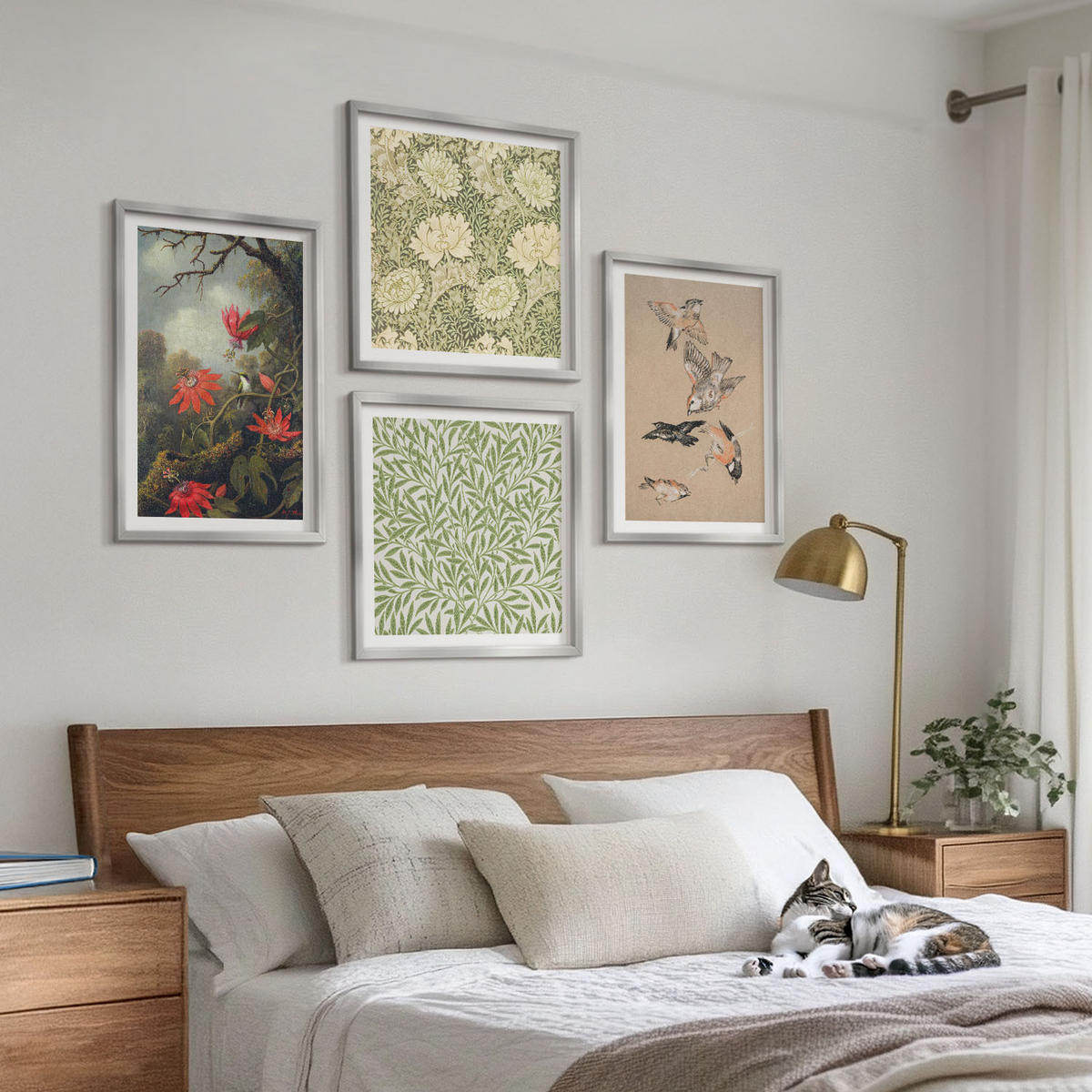 BILDER SET 4er Set - 50x50 cm & 40x60 cm Silberner Rahmen - Blumen und Vögel in natürlicher Umgebung - Silberfarben, Kunststoff (50/50cm) - TULUP