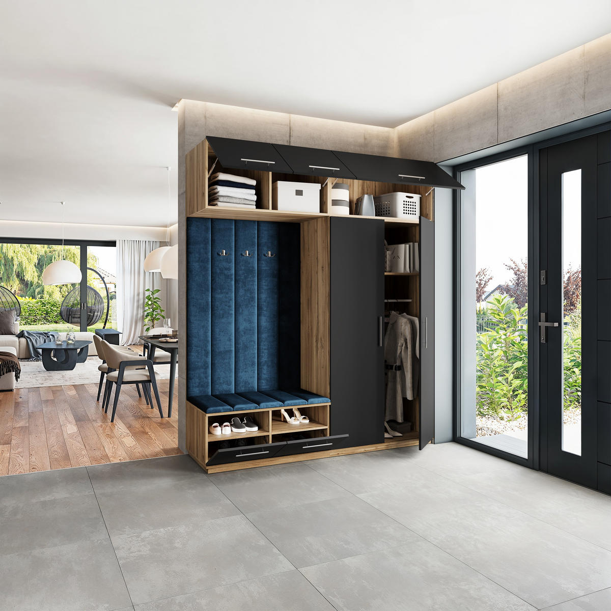 GARDEROBENSCHRANK REMA 200/240/60 cm Modern Garderobe-Set Eiche Wotan - Blau/Eiche Wotan, Holzwerkstoff (200/240/60cm) - MASSENO