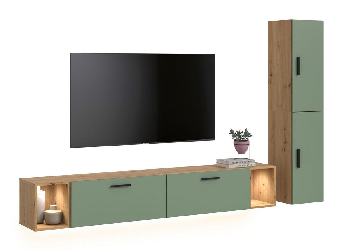 WOHNWAND INKL BELEUCHTUNG The One Smoke Green 259/34/182 cm - Braun, Holzwerkstoff (259/182/34cm) - Xonox