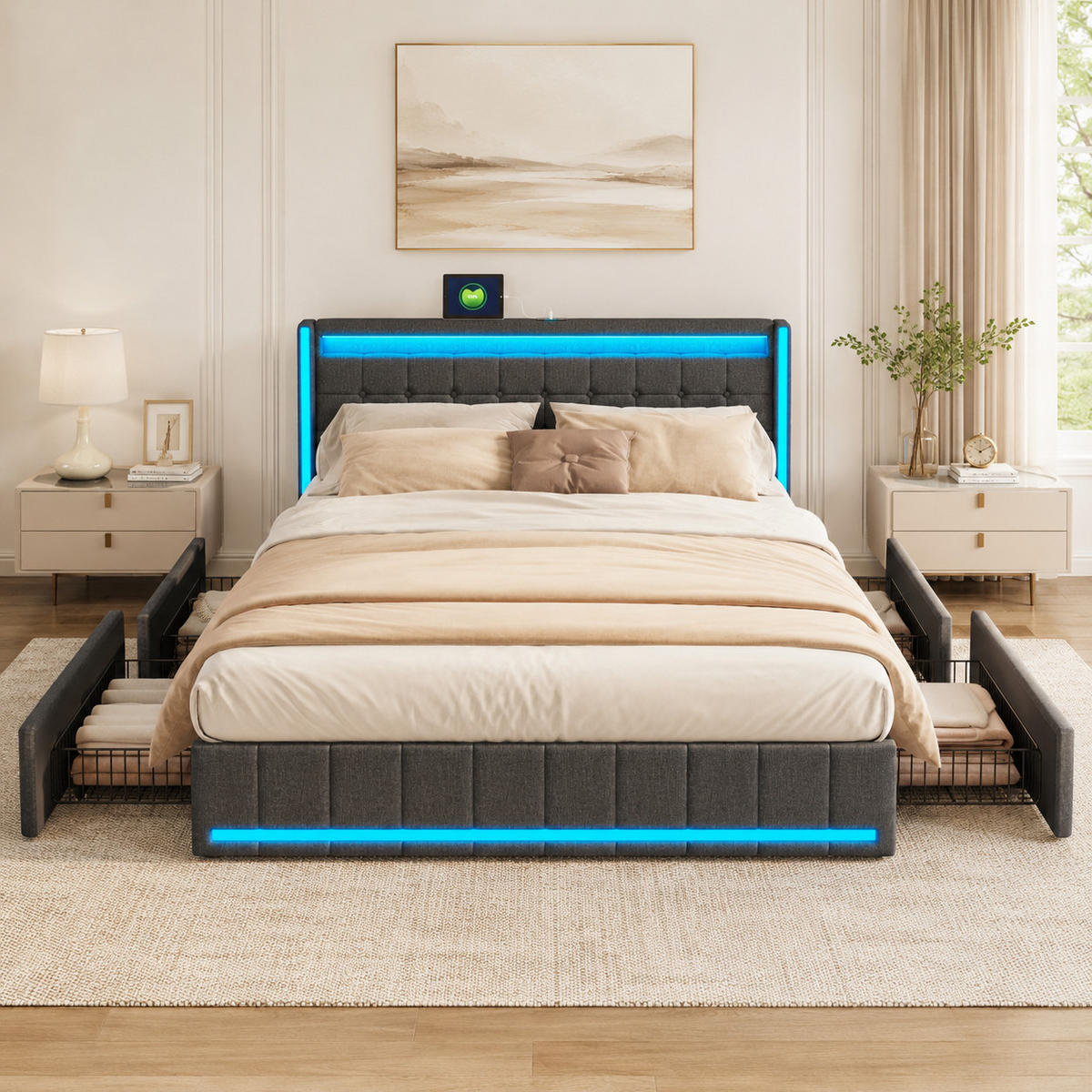 POLSTERBETT 140/200 cm mit LED und vier Schubladen, modernes Stauraumbett für Schlafzimmer - Dunkelgrau, Holz/Metall (140/200cm) - Joyfair