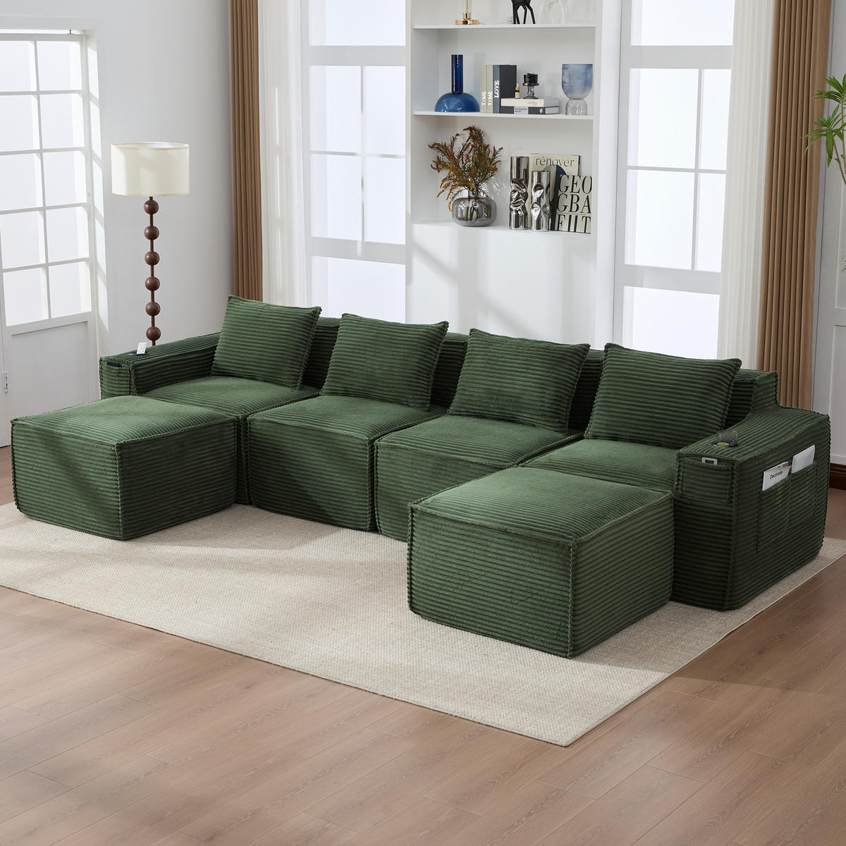 WOHNLANDSCHAFT 330/162/75 cm Grün mit 2 Fußhocker, Getränkehalter und Seitentaschen - Grün, Textil (330/75/162cm) - Oxeza