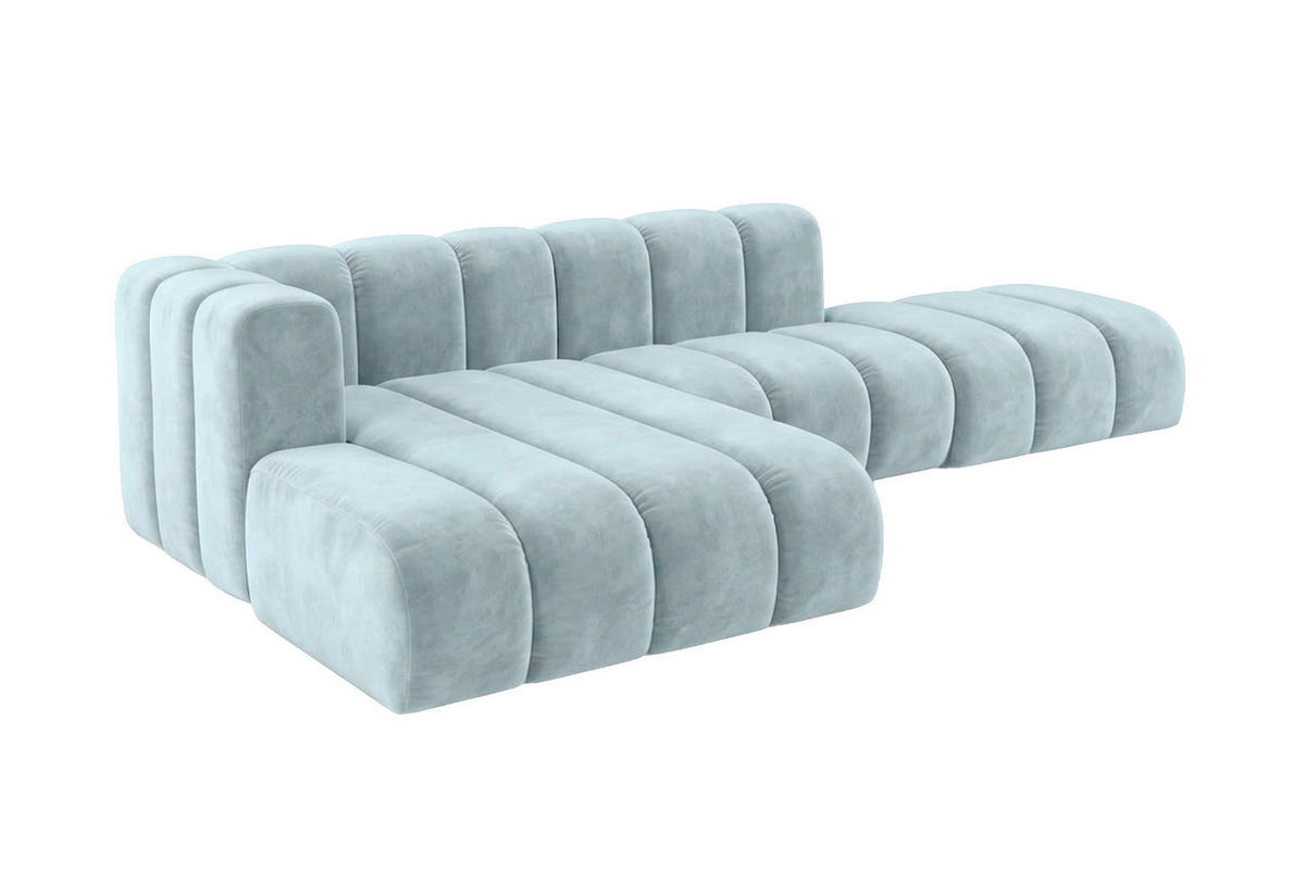 ECKSOFA Modulares In L-Form Mit Hocker, Velvet-Stoff Riviera, Babyblau, Links, GRAND Mini - Hellblau, Holz (295/179cm) - Kaiser Möbel