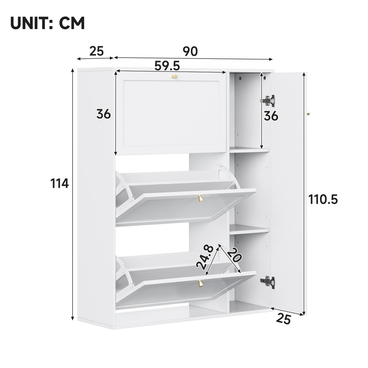 SCHUHSCHRANK aus MDF & Spanplatte 90x25x114cm in Weiß mit 3 Klappen & 1 Tür - Weiß, Holzwerkstoff (90/114/25cm) - Modfu