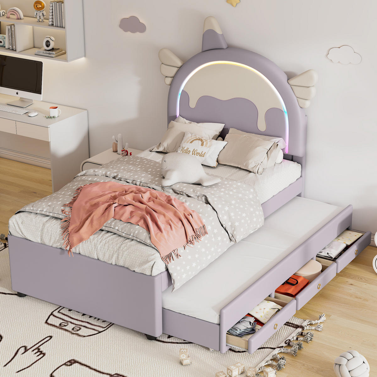 KINDERBETT 90/200 cm aus PU und MDF mit Einhorn-Kopfteil und ausziehbarem Rollbett Violett - Violett, Kunststoff (90/200cm) - Modenvie