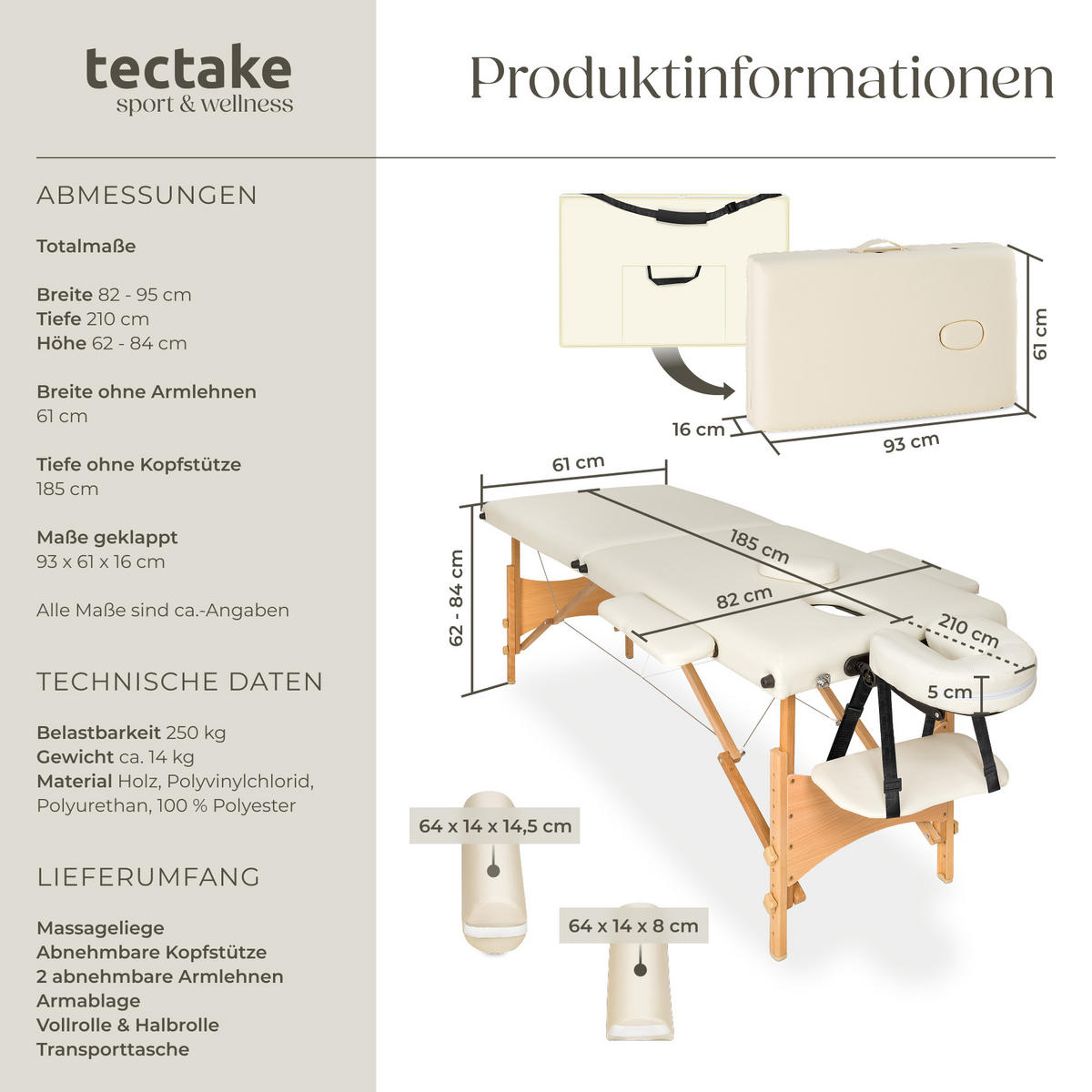 MASSAGELIEGE 2 Zonen Freddi,210 x 95 x 84 cm,beige - Beige, Holz (95/84/210cm) - tectake