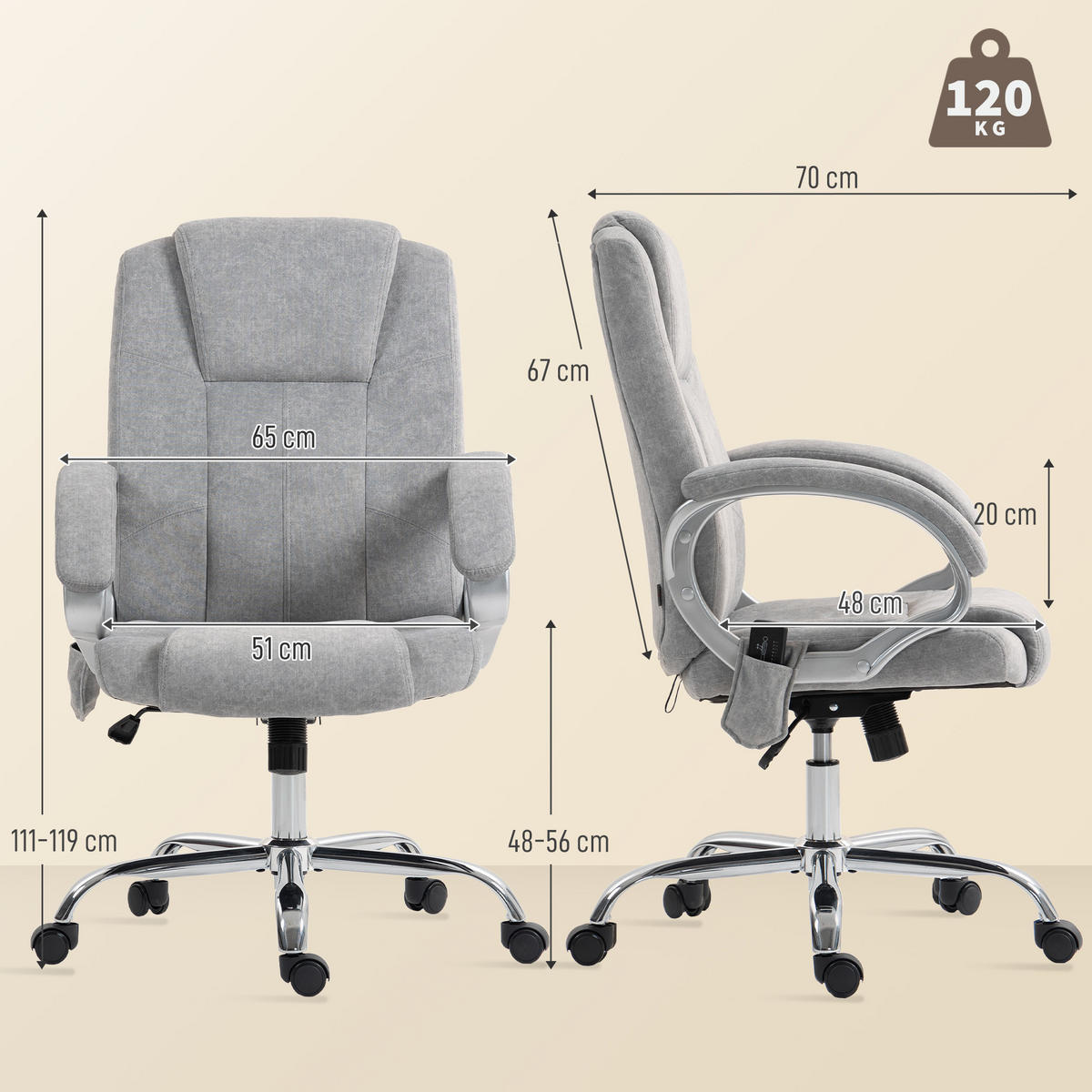 BÜROSTUHL Grau, Massage- & Heizfunktion, Höhenverstellbar, 66/70/111-119 cm - Grau, Metall (70/119/65cm) - PANGIVO