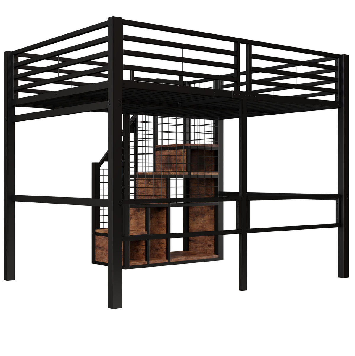 VYSOKÁ posteľ 140/200 cm čierna z kovu a MDF s úložným priestorom a bezpečnostným schodiskom - čierna, kompozitné drevo (140/200cm) - OKWISH