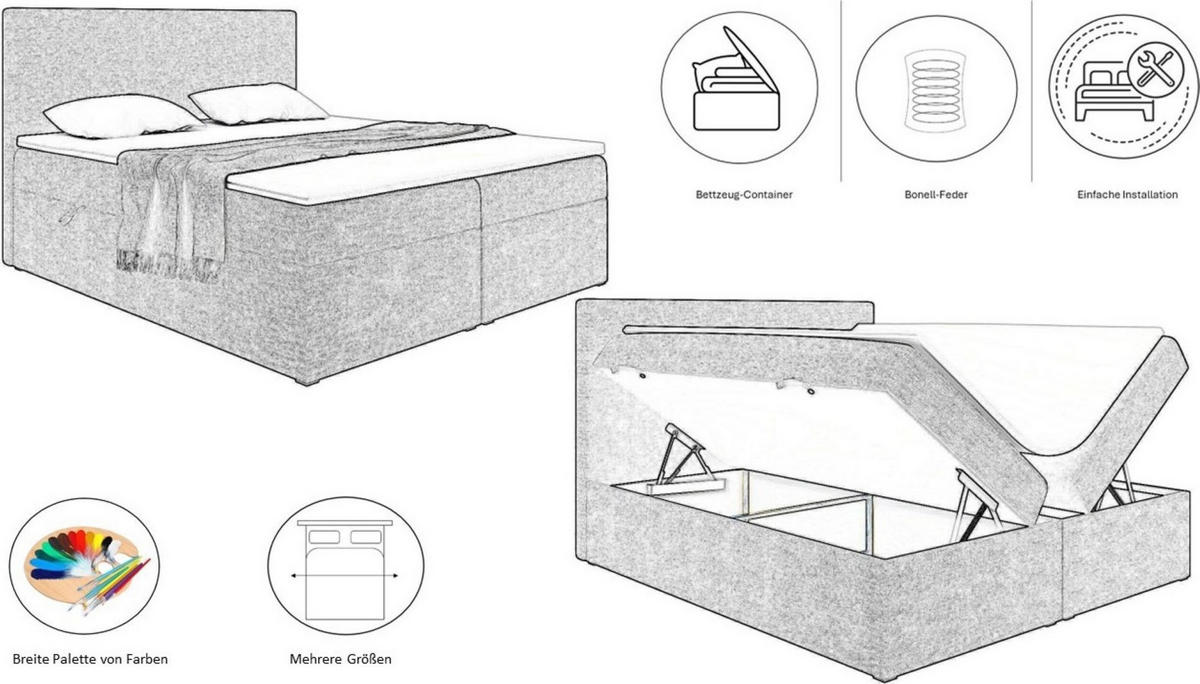 BOXBETT Mit Bettkasten Matratze + Topper BELLA Stoff Riviera Grün 200x200 cm H2-Pocket - Grün, Holz (200/200cm) - Kaiser Möbel