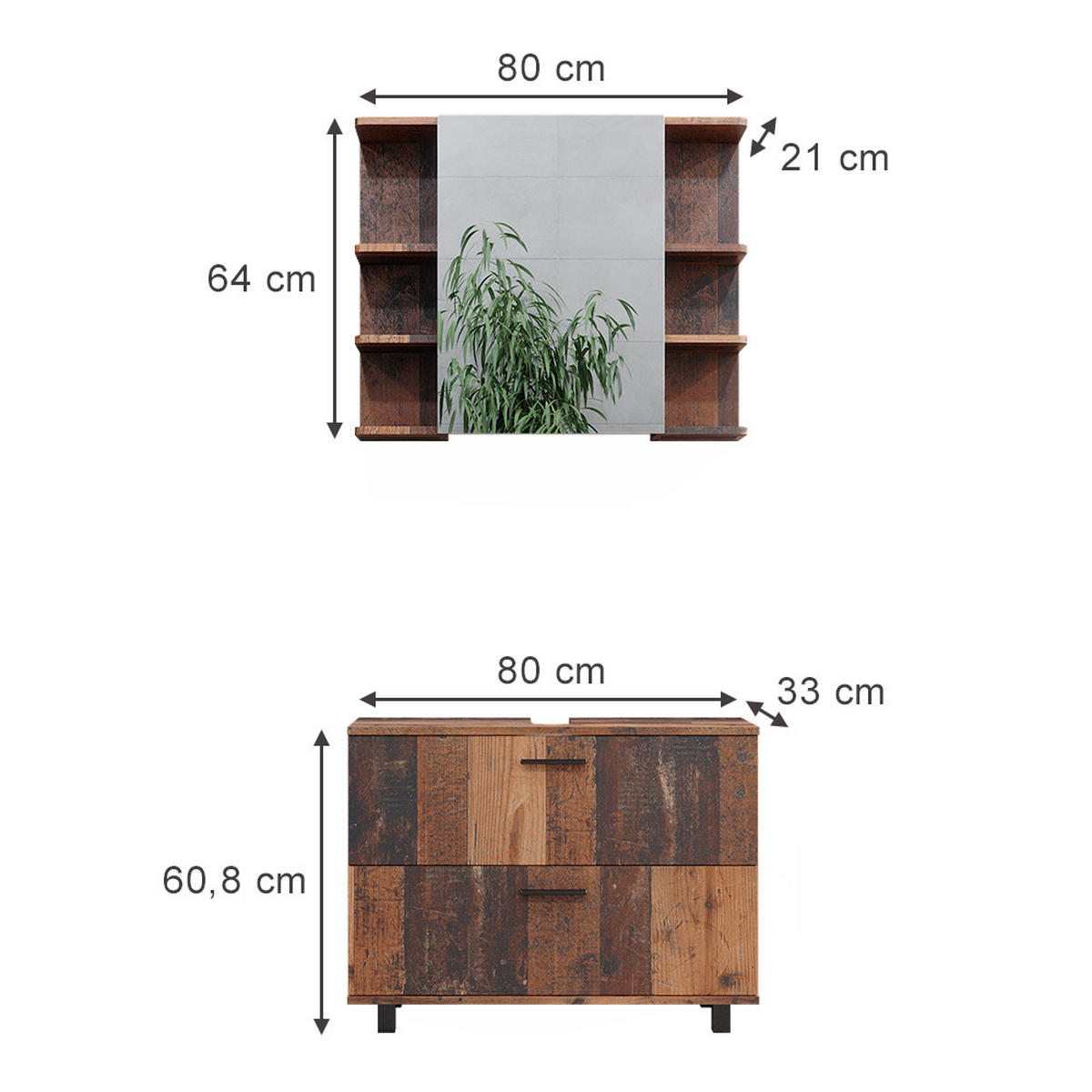 BADMÖBEL-SET Ilias Eiche rustikal 2 Teile, Unterschrank 80 cm - Wildeiche, Holzwerkstoff (80.2/60.8/33cm) - Vicco