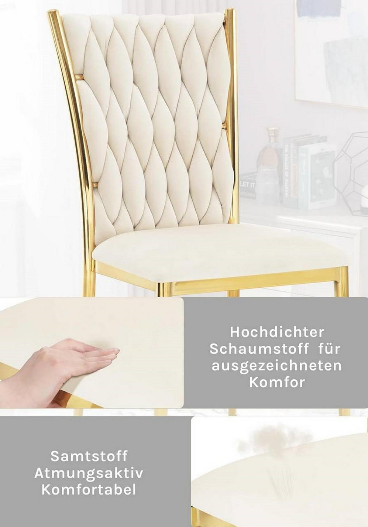 ESSZIMMERSTUHL 6er Set hohe Rückenlehne, Samt, Creme - Creme, Kunststoff/Textil (46/94.5/48cm) - Woltu