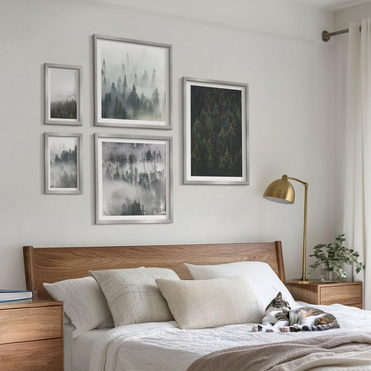 WANDBILDER 5er Set - 50x50 cm & 20x30 cm & 40x60 cm Silberner Rahmen - Grüne Wälder, neblige Landschaft - Silberfarben, Kunststoff (40/60cm) - ArtPrintCave