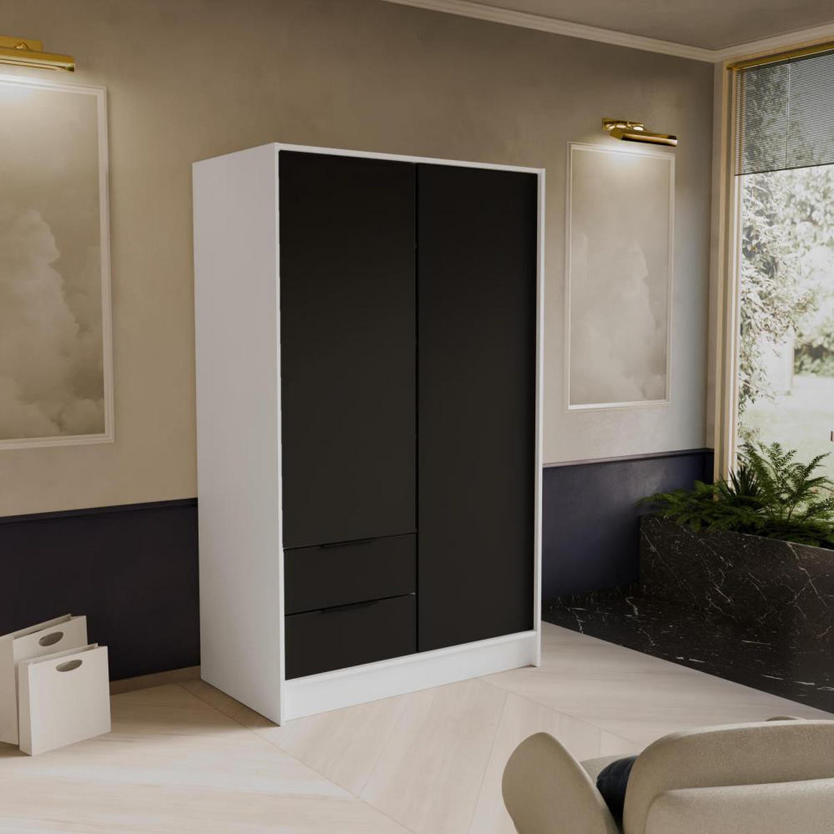 DREHTÜRENSCHRANK Niko 100/51/200 cm weiß+schwarz - Schwarz/Weiß, Holzwerkstoff (100/200/51cm) - Beautysofa