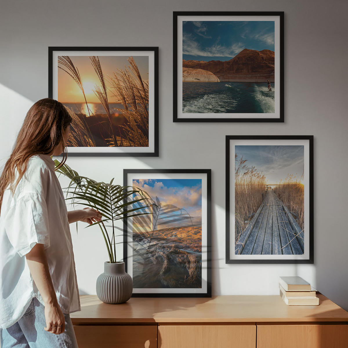 WANDBILDER 4er-Set - 50x50 cm & 40x60 cm Schwarzer Rahmen - Leuchtturm-Grassteg - Schwarz, Kunststoff (50/50cm) - ArtPrintCave
