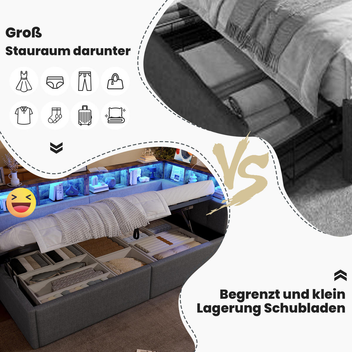 POLSTERBETT 90/200 cm Grau aus Leinen mit LED-Beleuchtung und USB- und Type-C-Anschlüssen - Grau, Textil (90/200cm) - Flora Grace