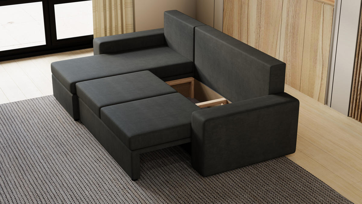 ECKSOFA Paco mit Bettkasten und Schlaffunktion, L-Form/XL-Form, Velourstoff, Universal - Graphitfarben, Holzwerkstoff (246/145cm) - 4ALL HOME