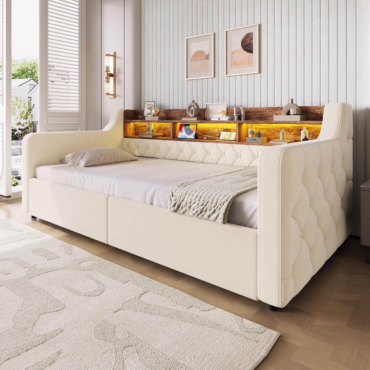 TAGESBETT 90/190 mit Schubladen & Regal, USB-C Ladeanschlüsse/LED, Samt, Beige - Beige, Holz (90/190cm) - LVHOM