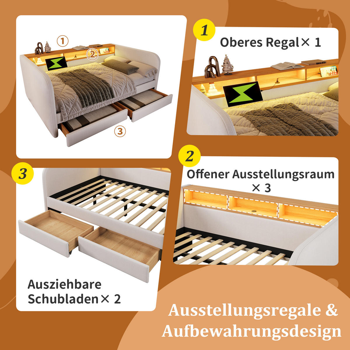 POLSTERBETT 140/190 cm Hellbeige mit LED und USB-C-Anschlüssen mit 2 Schubladen - Beige, Textil (140/190cm) - OKWISH