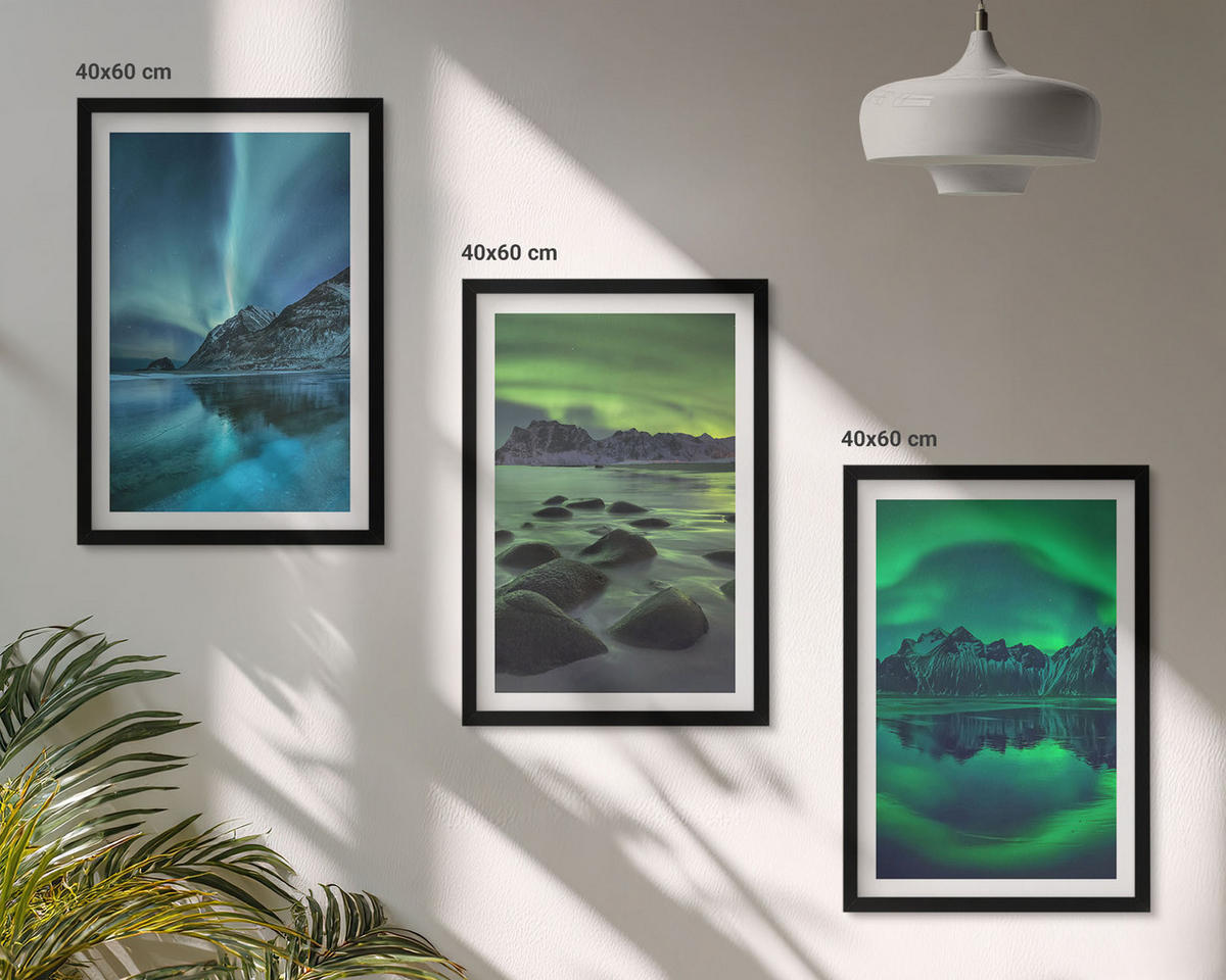 BILDER SET 3er Set - 40x60 cm Schwarzer Rahmen - Winterlandschaft der Aurora borealis - Schwarz, Kunststoff (40/60cm) - TULUP