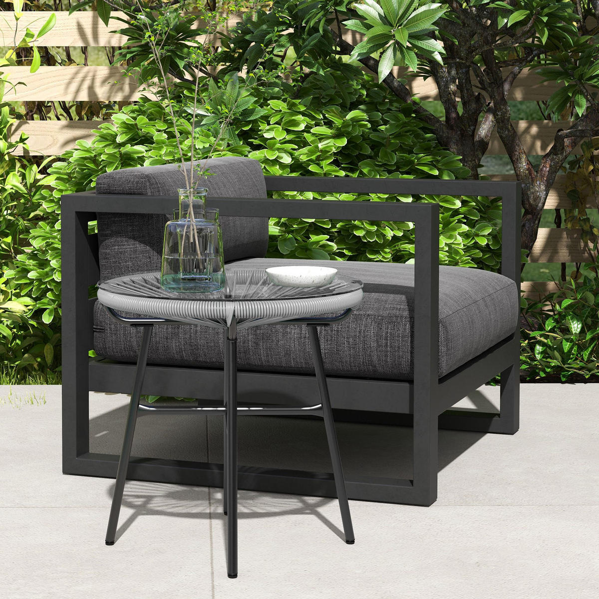 GARTENTISCH DE-06640 Outdoor Beistelltisch, PE-Rattan, gehärtetes Glas Grau - Grau, Kunststoff/Metall (50/50/50cm) - ComfortXL