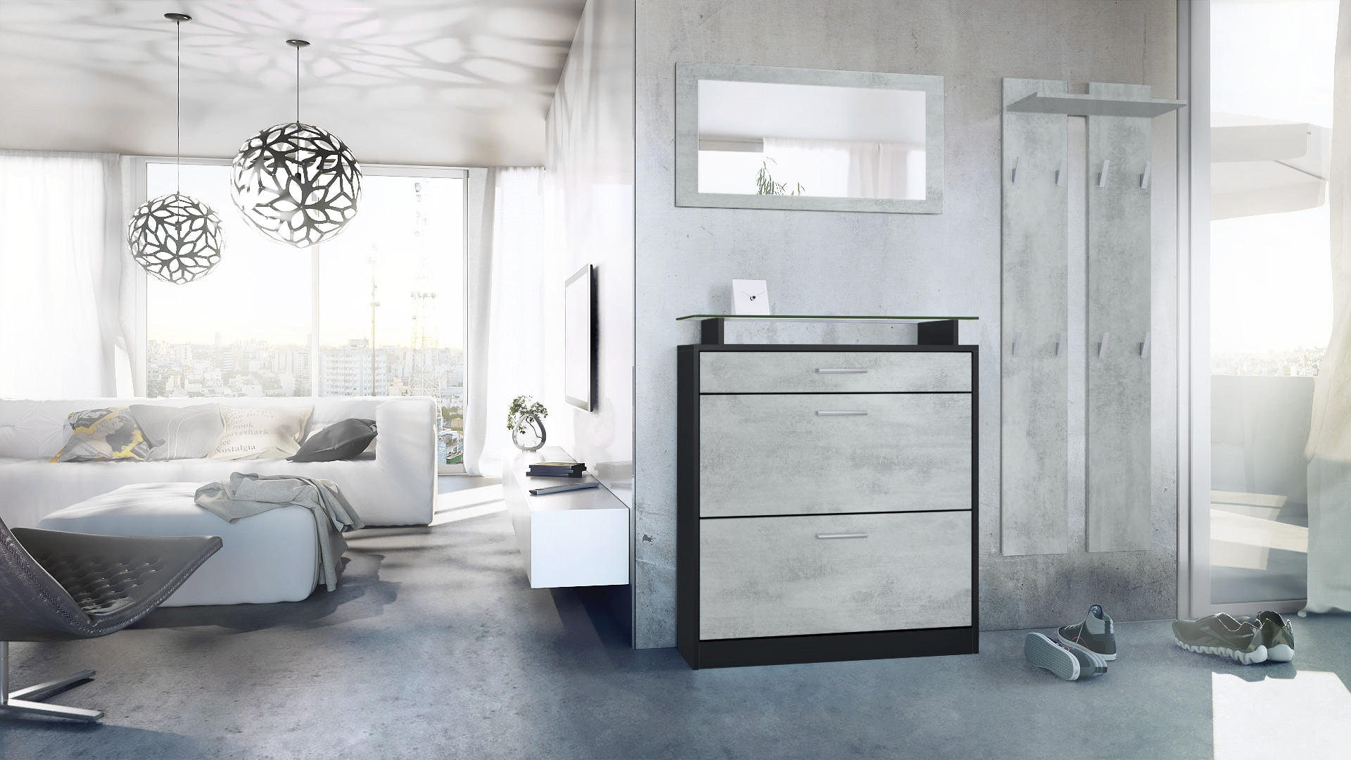 GARDEROBE Loret Front in Beton Oxid Optik - Hellgrau, Holzwerkstoff (180/200/23cm) - Vladon