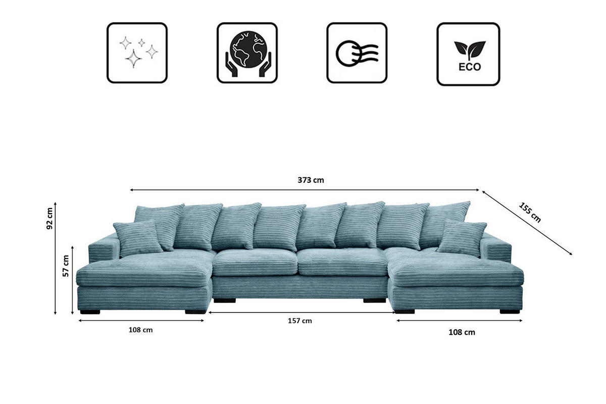 ECKSOFA mit Schlaffunktion und Bettkasten Couch U-form Gabon Stoff Zoom Hellblau - Hellblau, Holz (373/155cm) - Kaiser Möbel