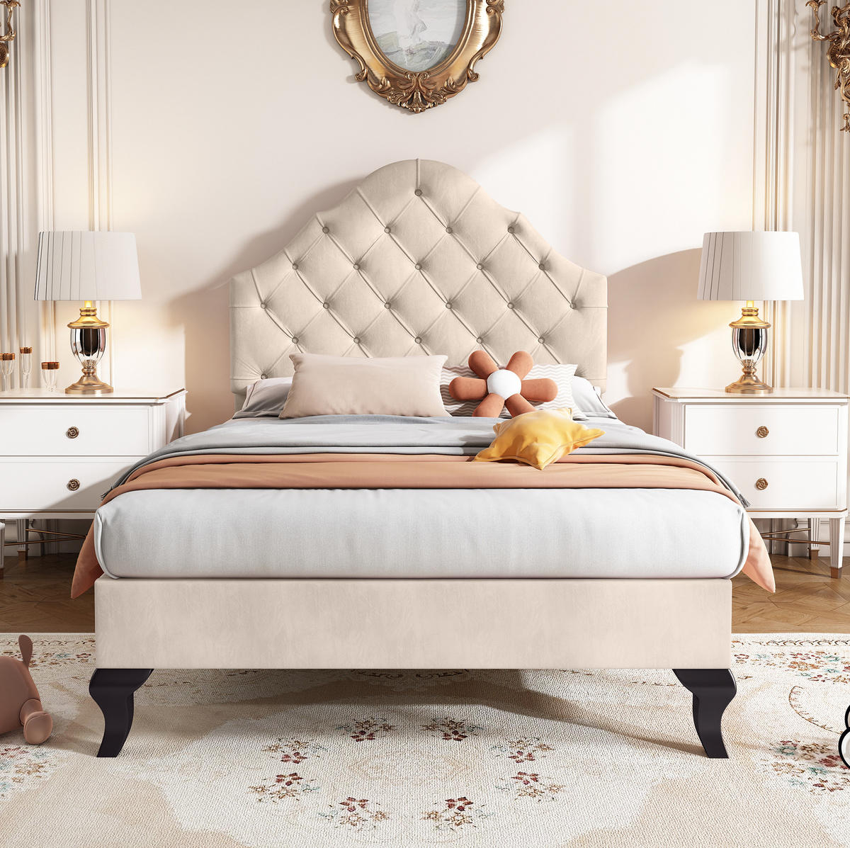 SAMT-POLSTERBETT 90/200 cm in Beige mit Lattenrost und höhenverstellbarem Kopfteil - Beige, Textil (90/200cm) - BEAOK