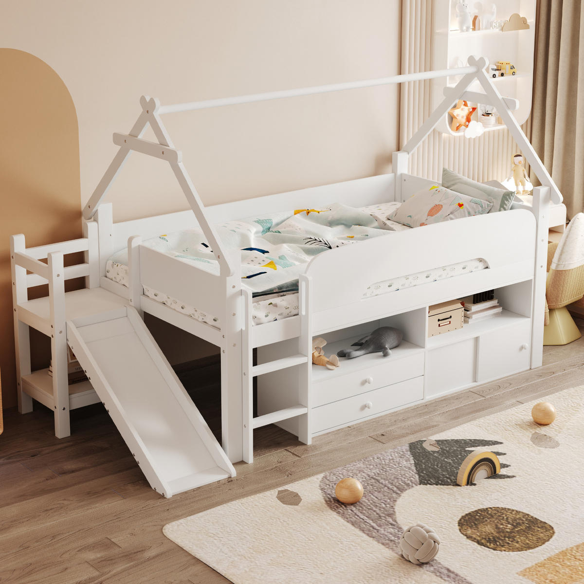 KINDERBETT 90/200 cm weiß aus Massivholz und MDF mit Rutsche und Stauraum - Weiß, Holzwerkstoff (90/200cm) - OKWISH