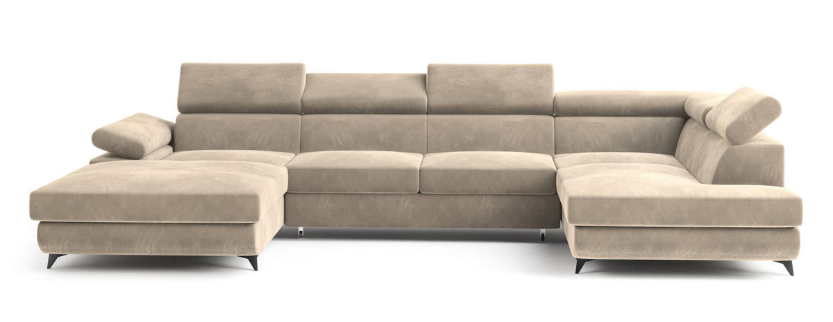 WOHNLANDSCHAFT RUBANO R-S Creme Velours-Stoff mit Schlaffunktion - Creme, Holz (339/89/190cm) - MASSENO