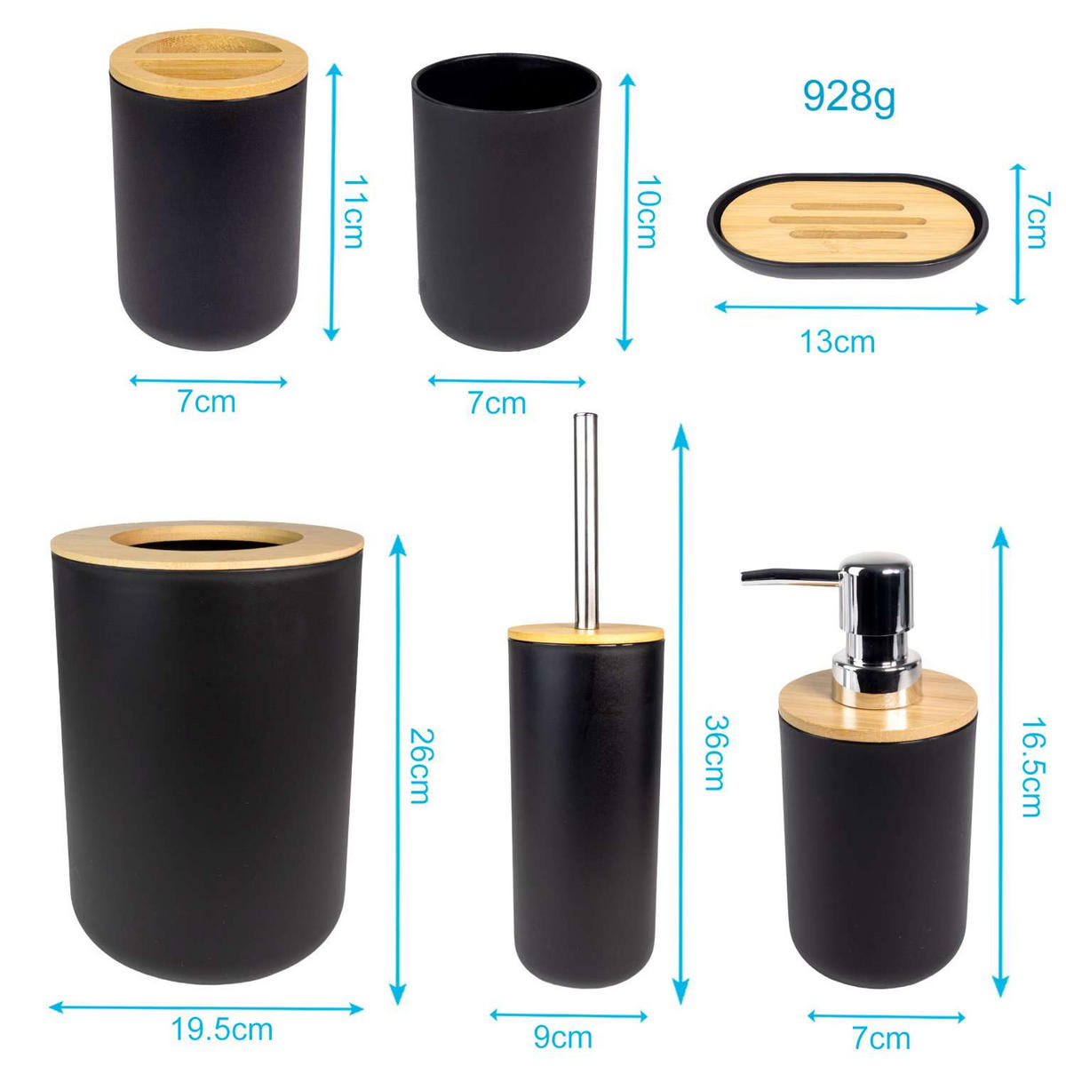 BADEZIMMER ZUBEHÖR SET (6-tlg.) mit Zahnputzbecher Seifenschale Seifenspender Toilettenbürste - Schwarz, Naturmaterialien (19.5/26/19.5cm) - Intirilife
