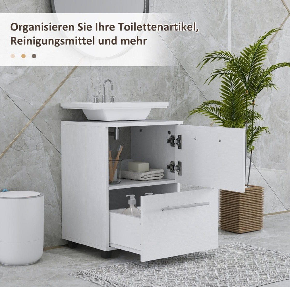 WASCHBECKENUNTERSCHRANK 41.5x35.5x59 cm Weiß aus Spanplatte mit U-Ausschnitt & Schublade - Weiß, Holzwerkstoff (41.5/59/35.5cm) - Modfu