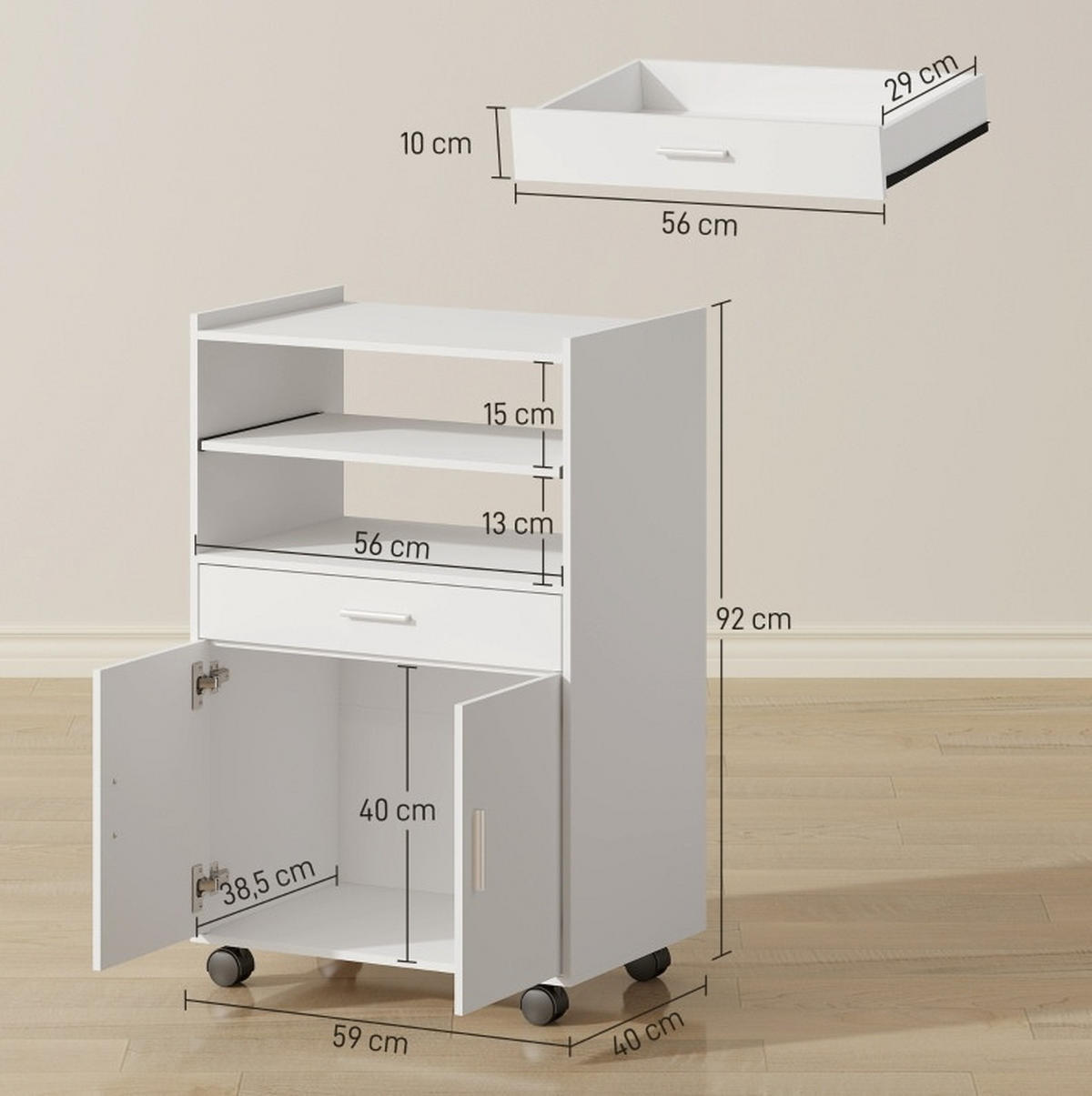 BUFFET 59/40/92 cm weiß aus MDF mit Rollen und Stauraum - Weiß, Holz (59/92/40cm) - OKWISH