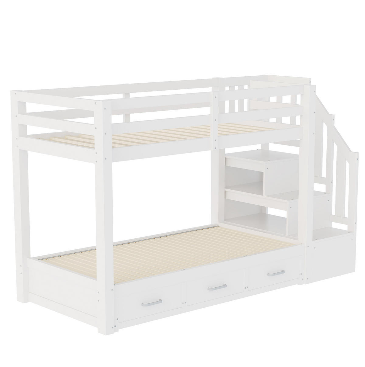 PATROVÁ postel 90/200 cm bílá z borovice a MDF s výsuvným lůžkem a úložnými schody - bílá, kompozitní dřevo (90/200cm) - OKWISH
