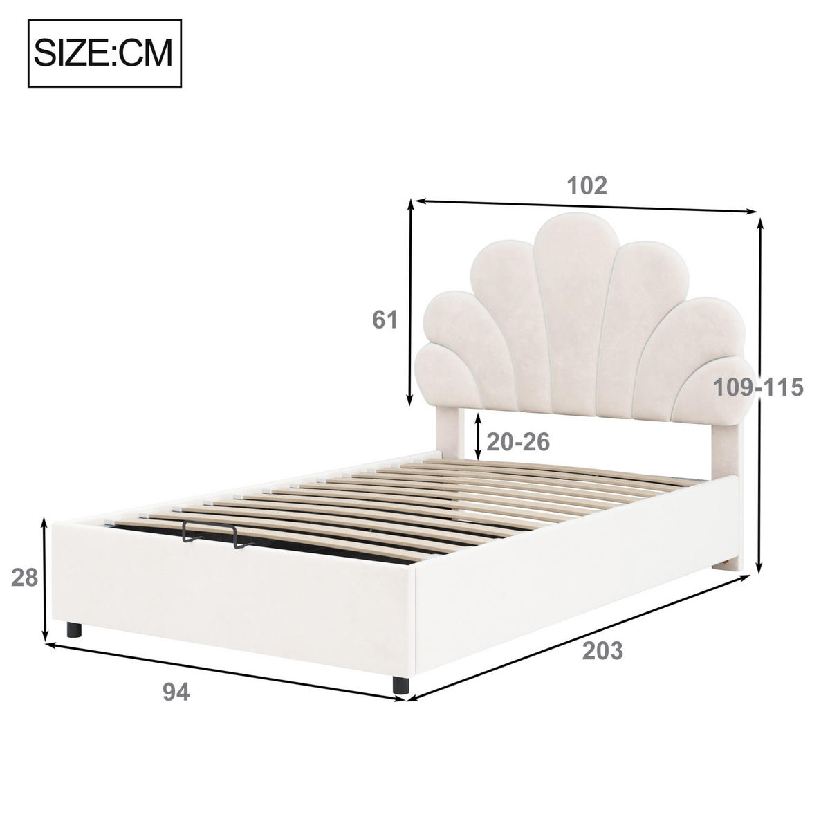 KINDERBETT 90/200 cm Beige mit Samtbezug höhenverstellbarem Kopfteil und hydraulischem Stauraum - Beige, Textil (90/200cm) - OKWISH