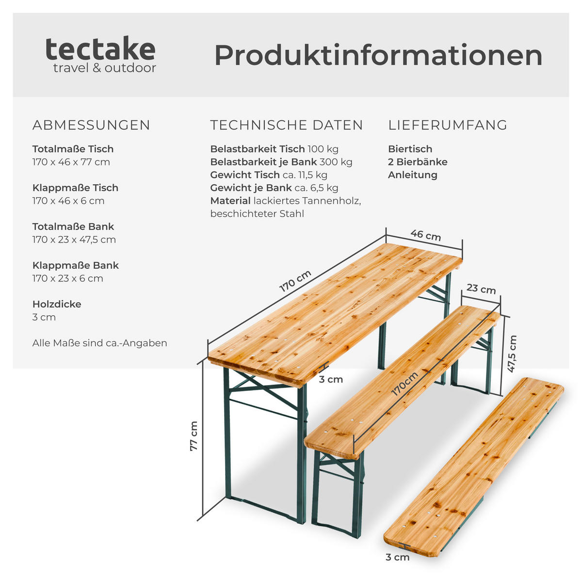 BIERZELTGARNITUR Sissi,robustes Tannenholz mit Schutzlackierung,braun - Braun, Naturmaterialien/Holz - tectake
