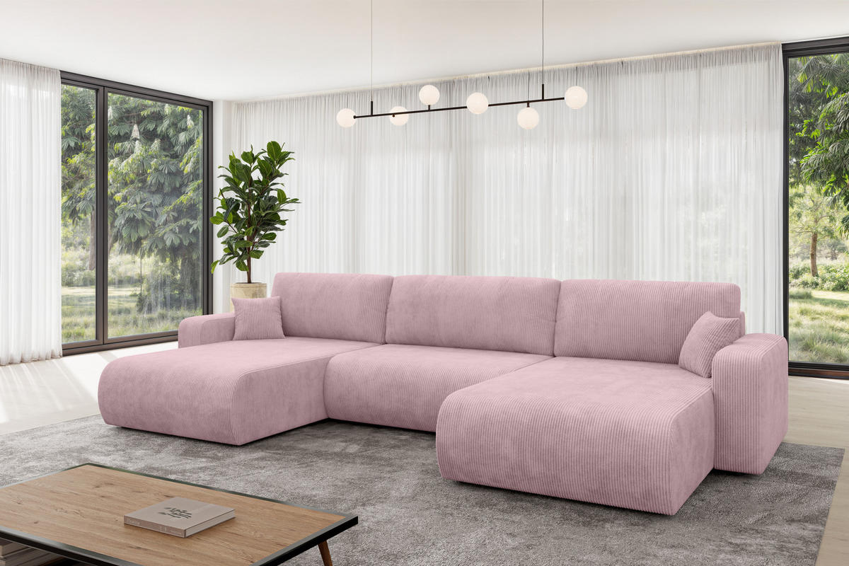 SEDACÍ SOUPRAVA DO U s funkcí spaní a úložným prostorem BERY-U 377x193x88 růžová manšestr - růžová/černá, kompozitní dřevo/textil (377/88/193cm) - ALTDECOR