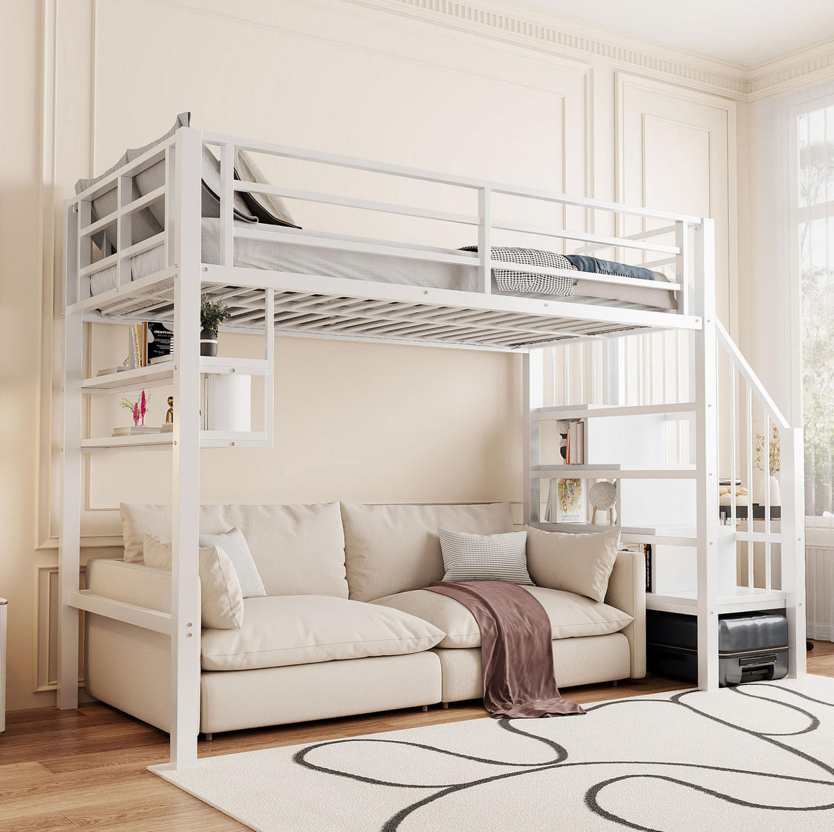 HOCHBETT 90/200 cm in Weiß – mit Stauraumleiter und Regalfächern - Weiß, Metall (90/200cm) - BEAOK