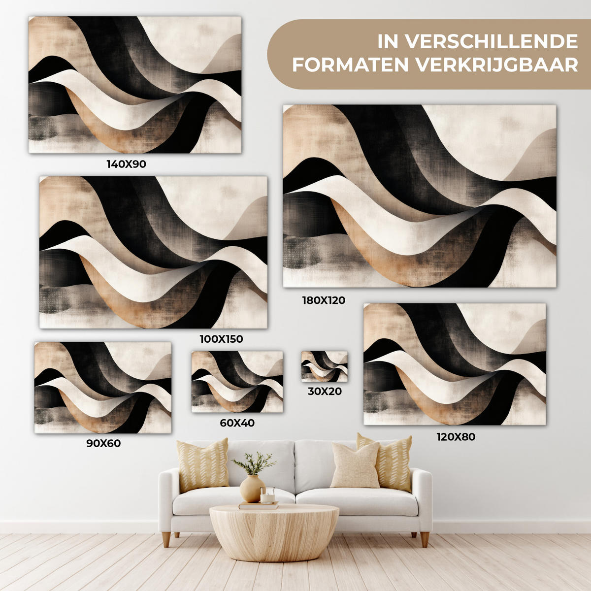 LEINWANDBILD Abstrakt - Wellen - Schwarz - Verwittert Wohnzimmer Groß 120x80 cm - Trüffeleichefarben, Textil (120/80cm) - MuchoWow