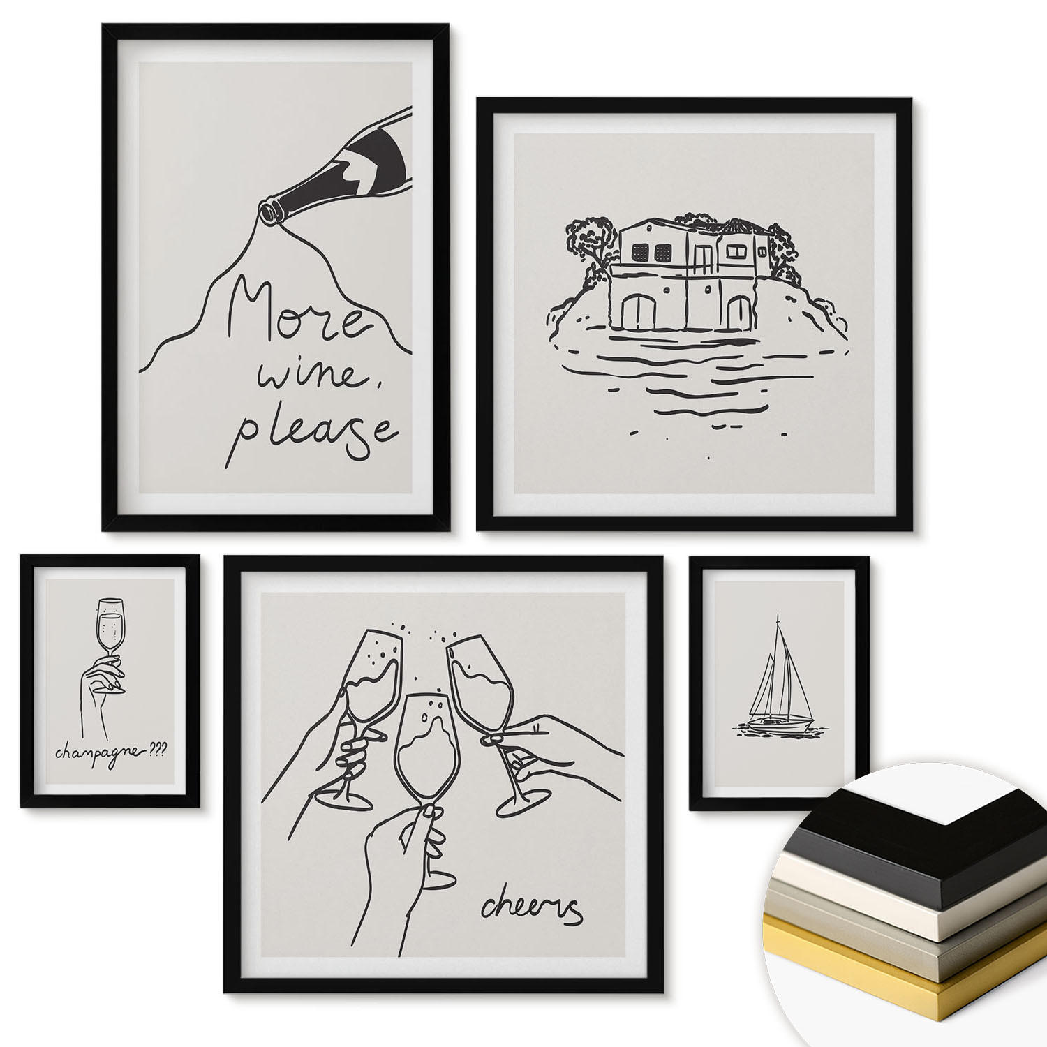 WANDBILDER 5er-Set - 50x50 cm & 20x30 cm & 40x60 cm Schwarzer Rahmen - Minimalistische Boho-Muster - Schwarz, Kunststoff (40/60cm) - ArtPrintCave
