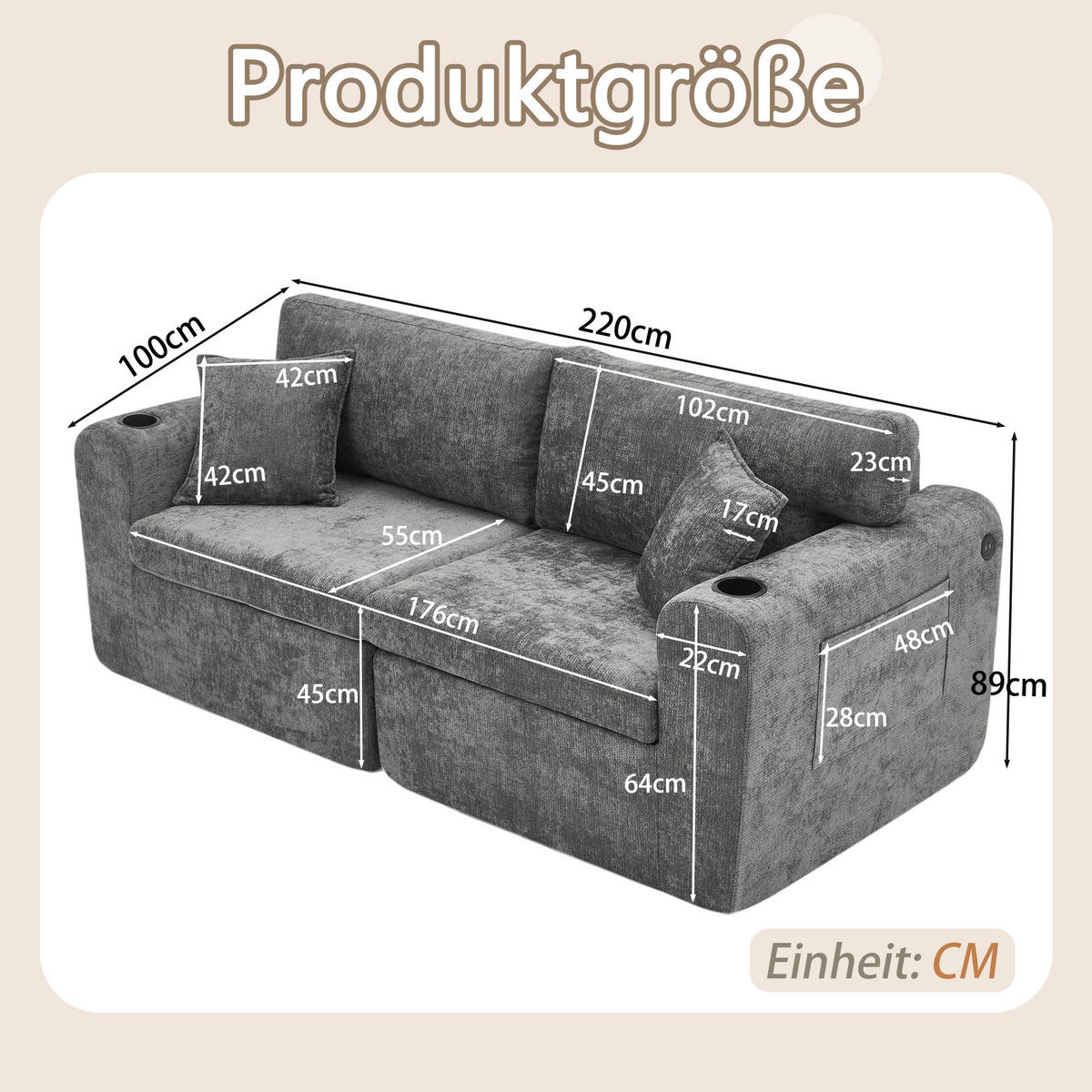 2-SITZER SOFA Chenille Gray mit USB-Ladefunktion, Magazintasche, Getränkehalter und Kissen - Grau, Textil (220/89/100cm) - WISHDOR