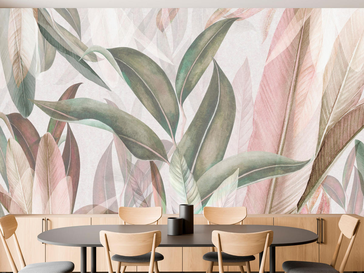 FOTOTAPETE für Wohnzimmer Empfindlich Pastell Bananenblätter 400x280 - Beige/Rosa, Papier (400/280cm) - Muralo