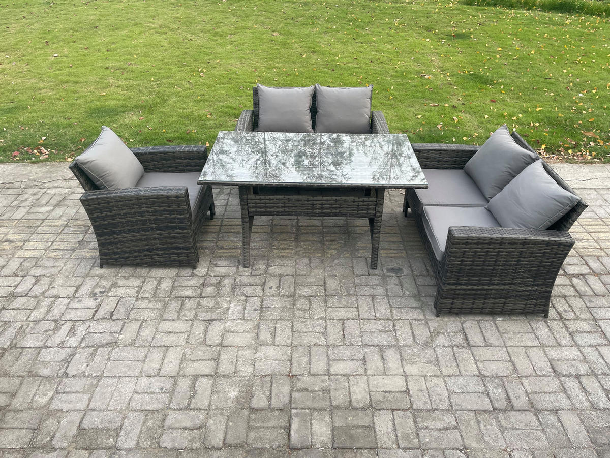 GARTENMÖBELSET mit 2-Sitzer Sofa,2 Hockern,Esstisch Polyrattan Dunkelgrau 5-Sitzer - Dunkelgrau/Grau, Glas/Kunststoff - Fimous