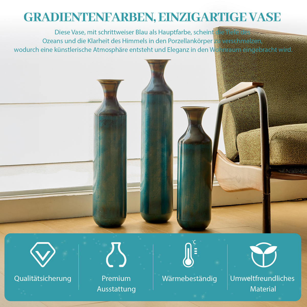 BODENVASE 3-tlg Metallvase 52-72cm Blaugrün-Patina Bodenvase Deko-Vase Trockenblumen - Grün, Metall (78.1cm) - Raelunyi