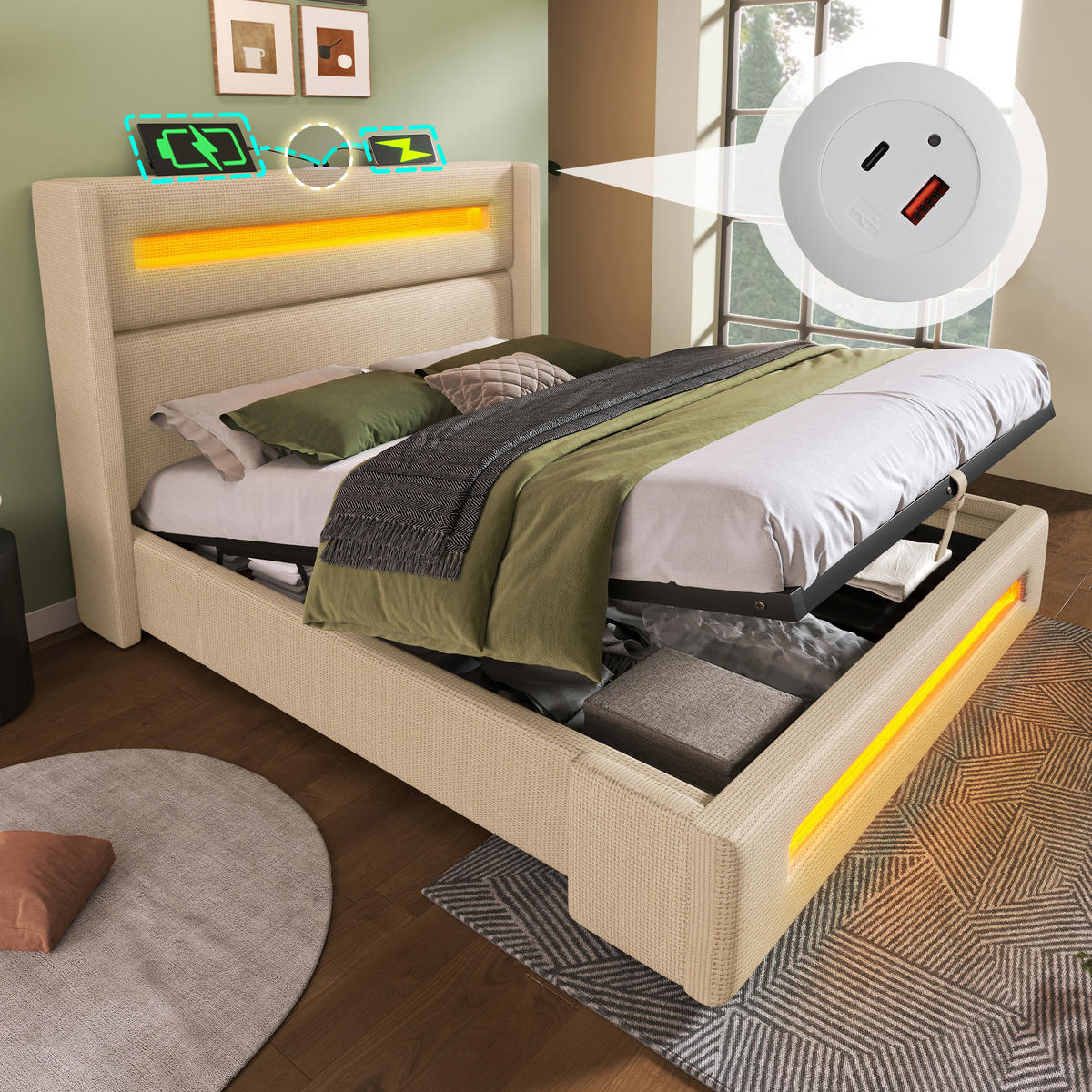 DOPPELBETT 160X200 cm mit LED USB Typ C - Beige, Holz (160/200cm) - FLIEKS