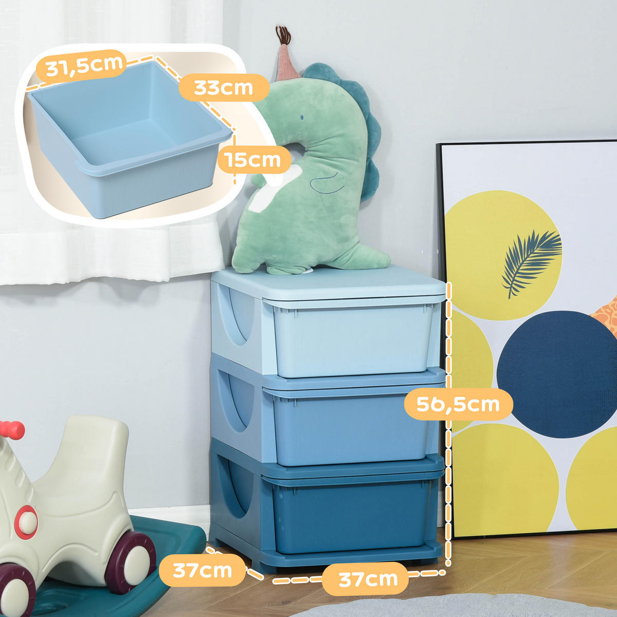 AUFBEWAHRUNGSBOXEN für Kinder, 3 große Schubladen, Kunststoff, Blau - Blau, Kunststoff (37/56.5/37cm) - HOMCOM