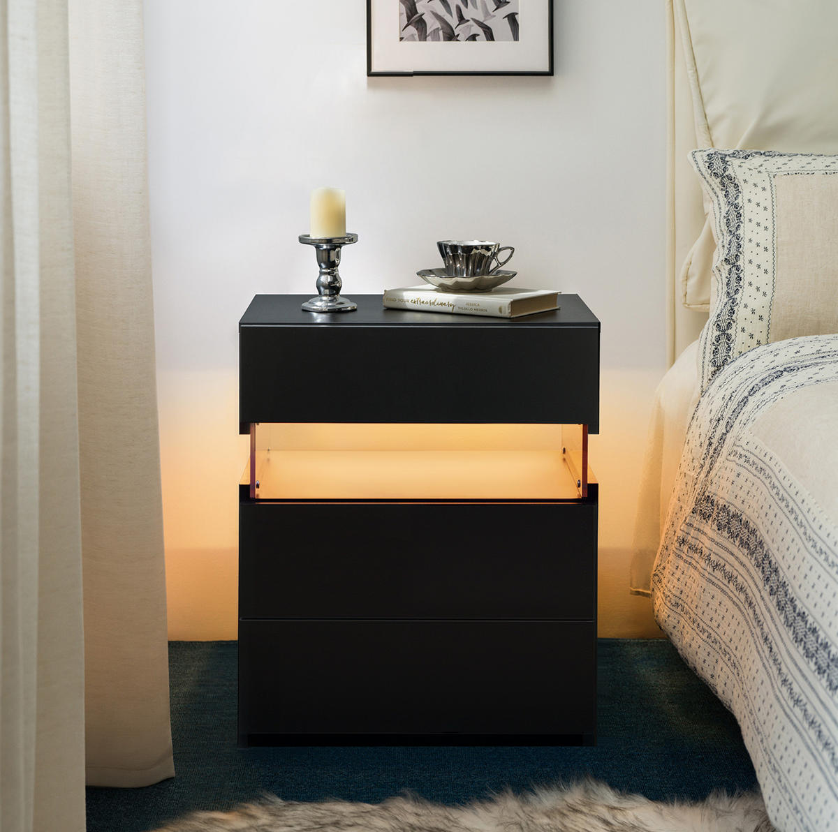 NACHTTISCH 48/38/61 cm mit 3 Schubladen & LED-Beleuchtung in Schwarz - Schwarz, Holzwerkstoff (38/61/48cm) - BEAOK