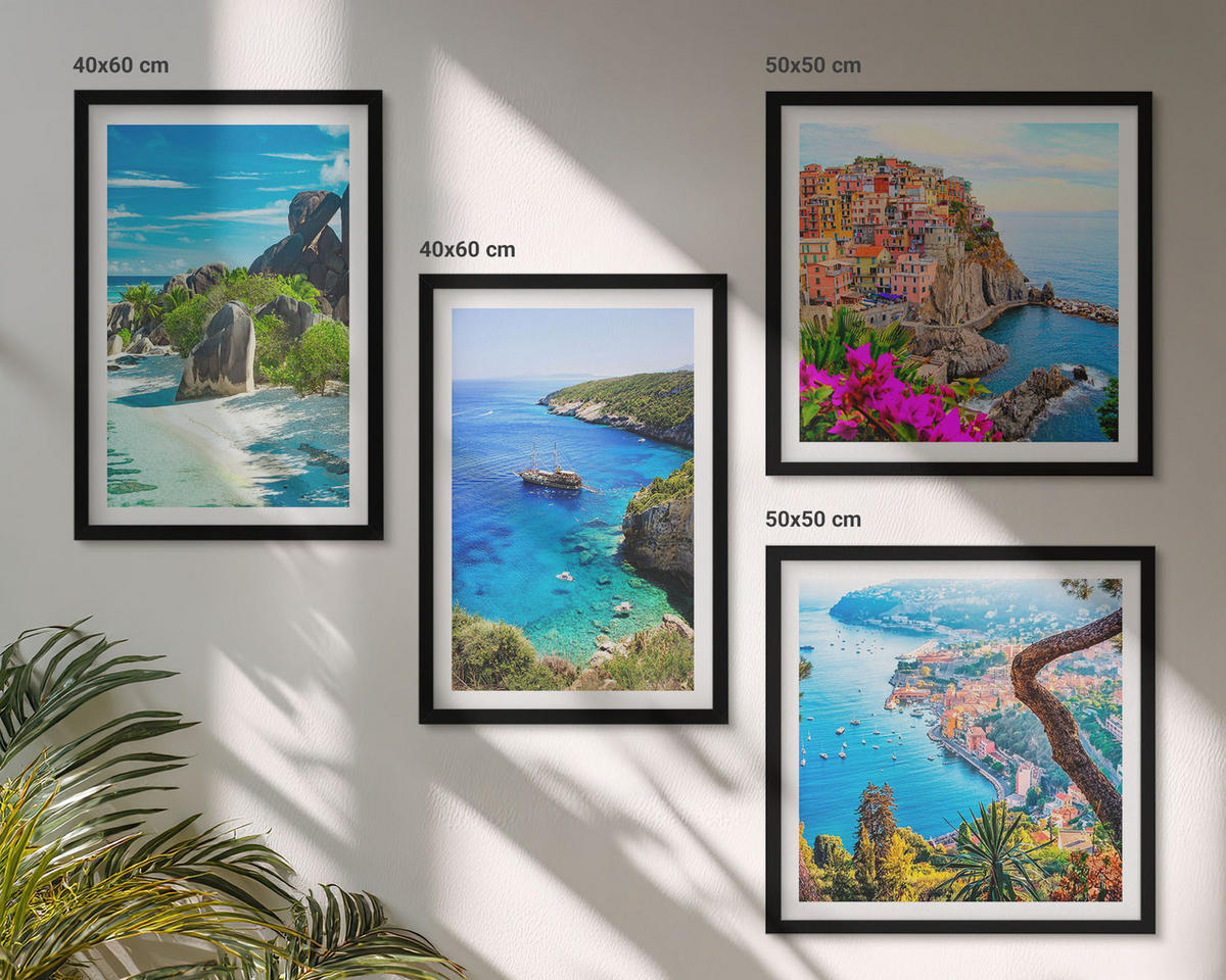 BILDER SET 4er Set - 50x50 cm & 40x60 cm Schwarzer Rahmen - Palmen am Meer, blaues Wasser - Schwarz, Kunststoff (50/50cm) - TULUP