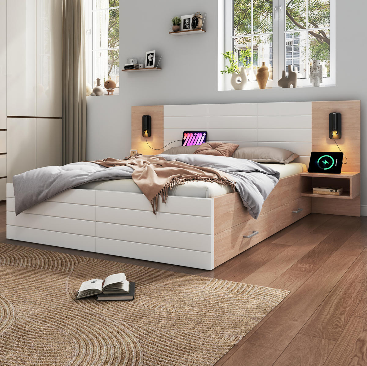 DOPPELBETT 140/200 cm mit USB, Leselampe, 2 Schubladen und Nachttischen aus Massivholz/MDF, Weiß/Eichefarben - Weiß, Holzwerkstoff (140/200cm) - Redom