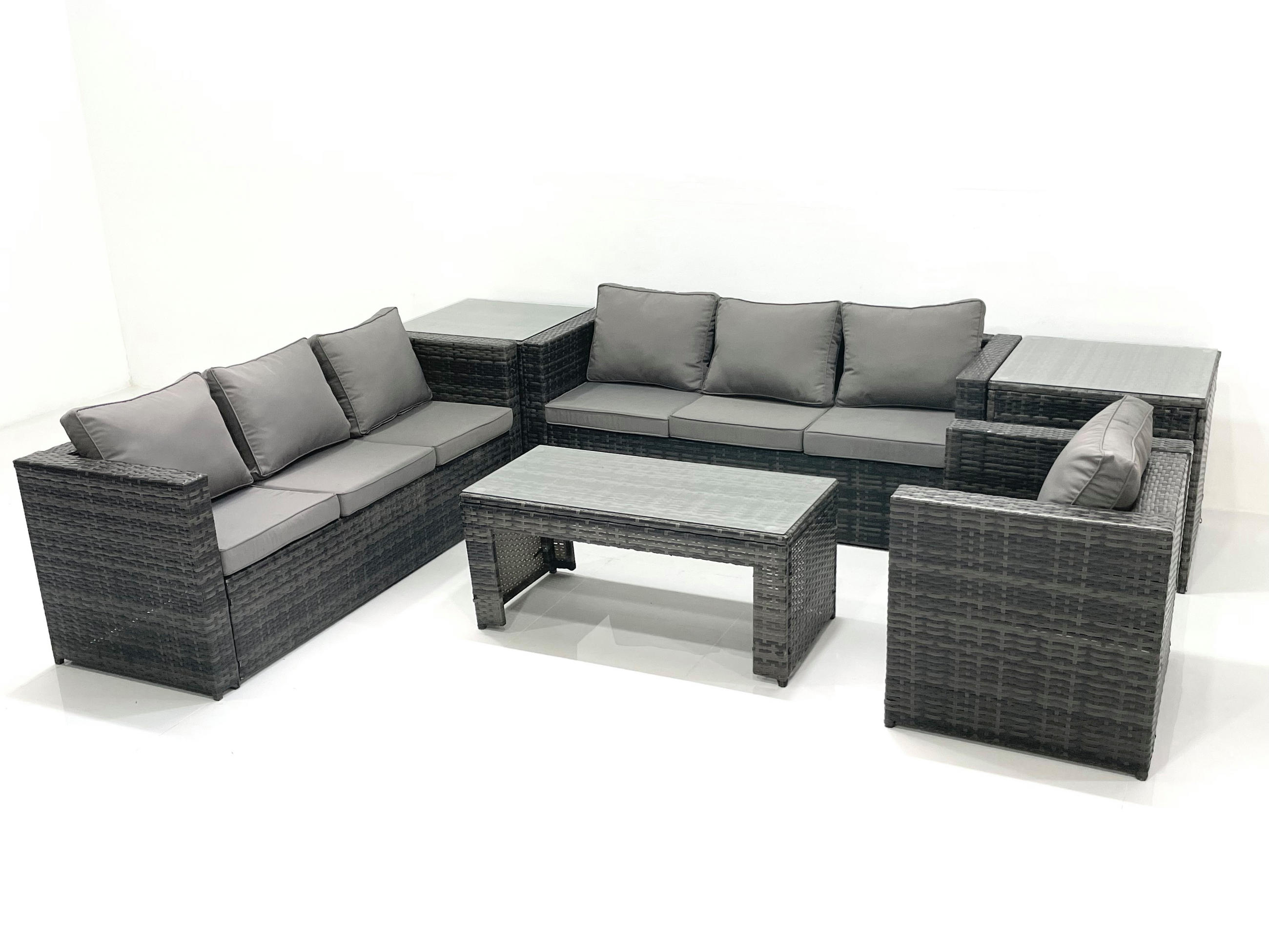 GARTENMÖBEL-SET COUCHTISCH SESSEL SOFA mit HOCKER Polyrattan Dunkelgrau Gemischt 7-Sitzer - Dunkelgrau/Grau, Glas/Kunststoff - Fimous