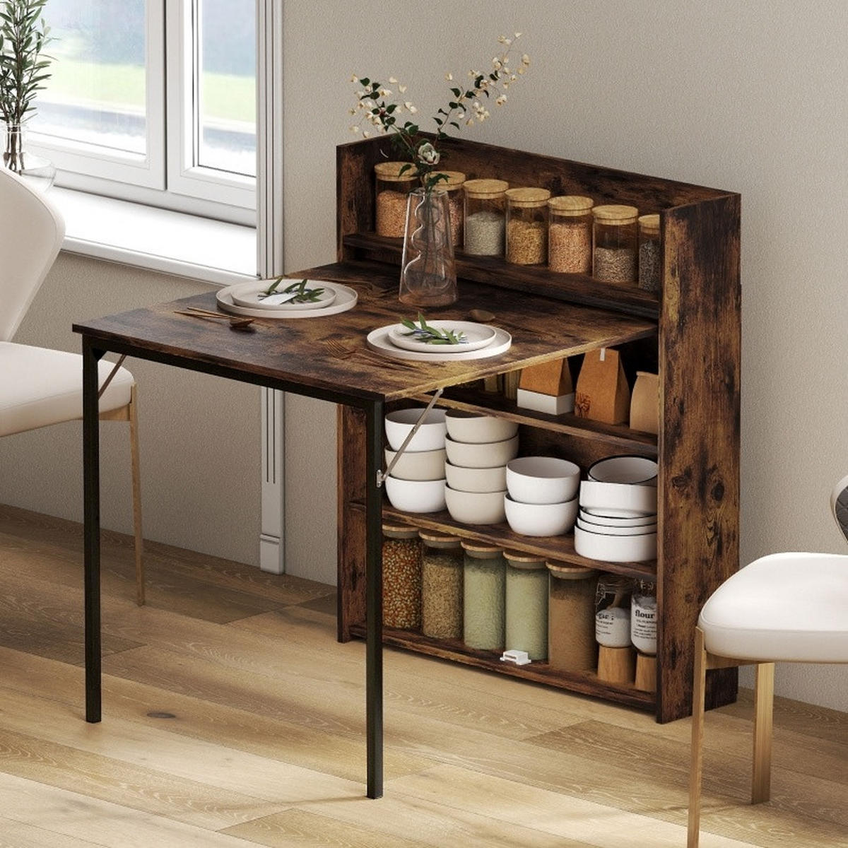 ESSTISCH 80/90/93 cm klappbar mit 3 Regalfächern im Industrial-Stil, Rustikalbraun - Braun, Holz (90/80/93cm) - Redom